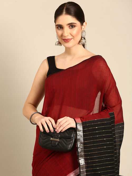 Red Black Sequins Cotton Saree