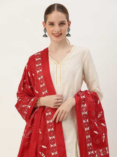 Red White Floral Kantha Silk Dupatta