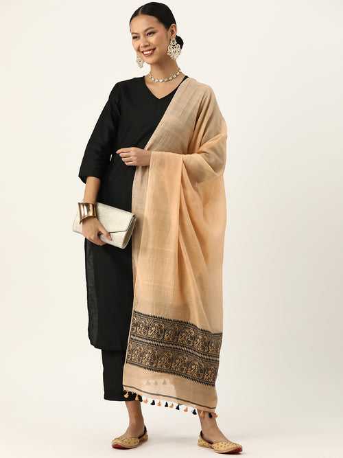 Beautiful Beige & Black Baluchari Silk Cotton Dupatta