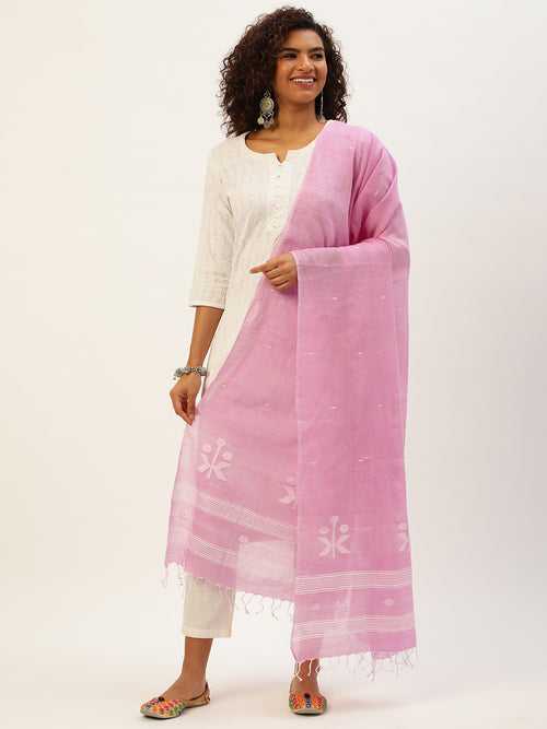 Pink & White Woven Jamdani Mul Cotton Dupatta