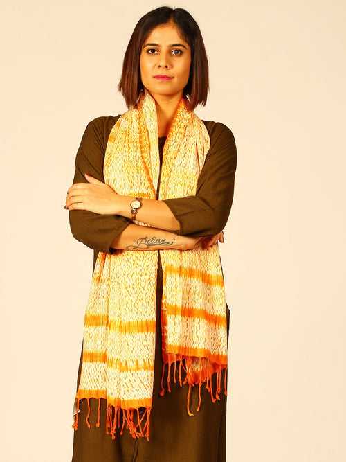 Orange Ivory Woven Shibori Cotton Stole