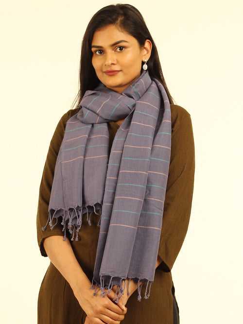 Grey Striped Cotton Wool Stole