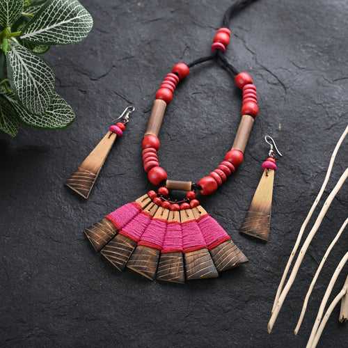 Handmade Pink Red Bamboo Tribal Jewellery Set