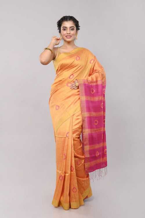 Yellow Pink Jamdani Matka Silk  Saree