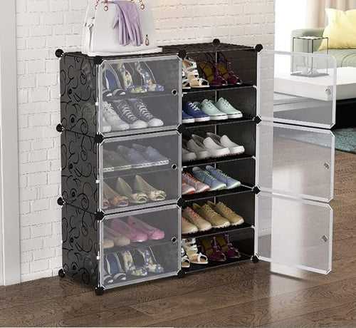 WeCool DIY Shoe Rack Organizer/Multi-Purpose Plastic 12 Layers 6 Door Portable and Folding Shoe Rack ^ Black12Shelf6Door