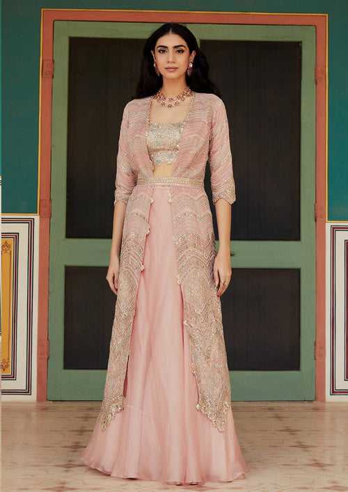 Rose Pink Embroidered Jacket Lehenga Set