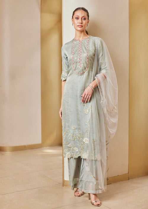 Grey Embroidered Straight Kurta