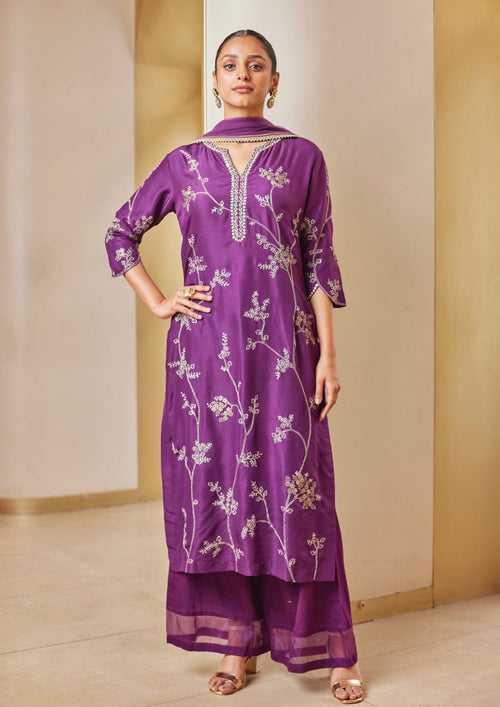 Aubergine Mulberry Embroidered Straight Suit