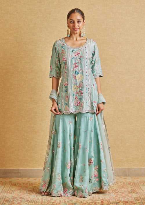 Teal Embroidered Sharara Suit