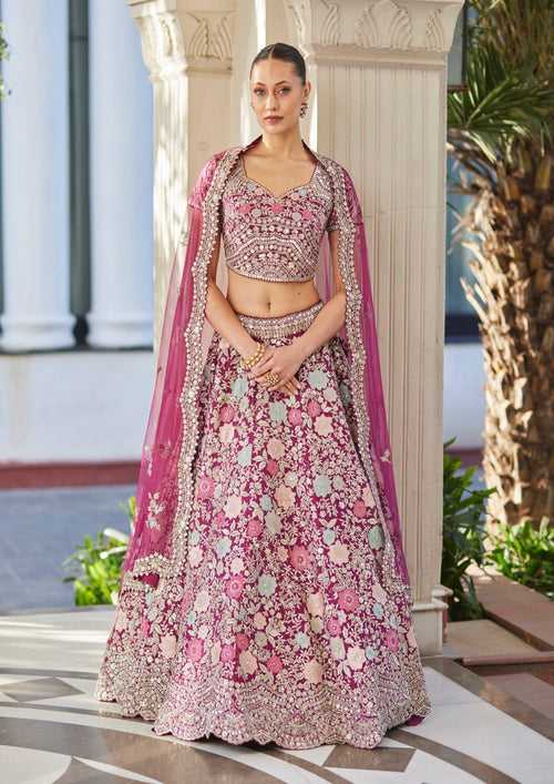 Plum Organza Embroidered Lehenga