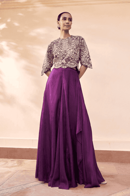 Aubergine Embroidered Top And Skirt