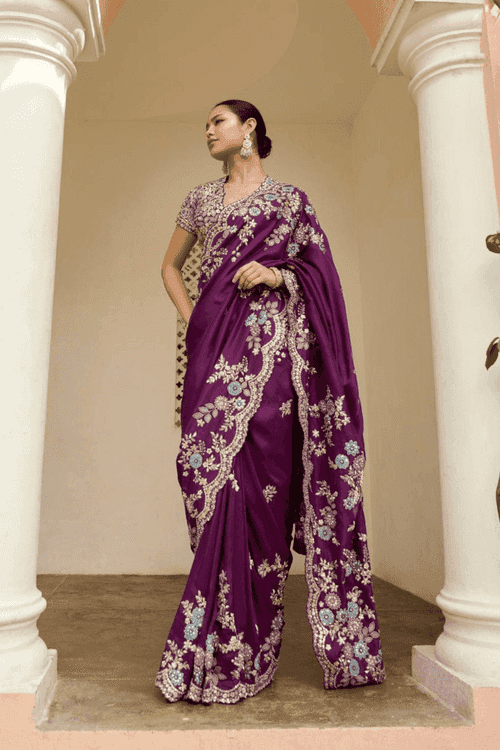 Floral Aubergine Embroidered Saree