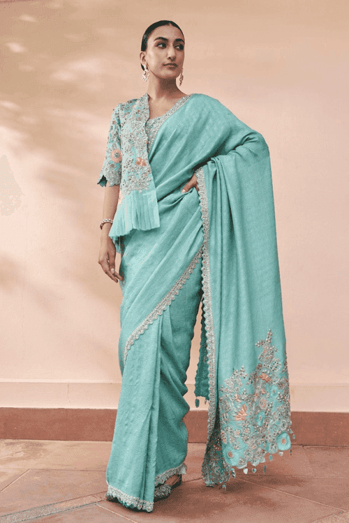 Teal Embroidered Jacket And Saree Set