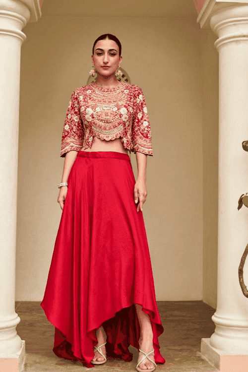Carmine Red Embroidered Top & Skirt