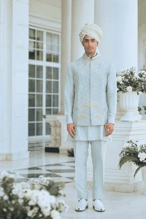 Cadet Blue Embroidered Bandhgala Set