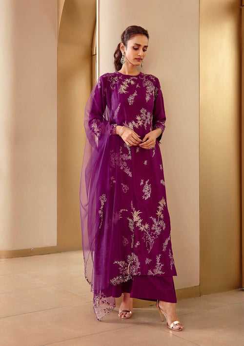 Hand-Embroidered Aubergine Straight Suit