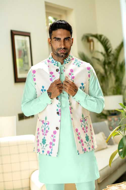 Floral Print Bundi Jacket with Kurta Set