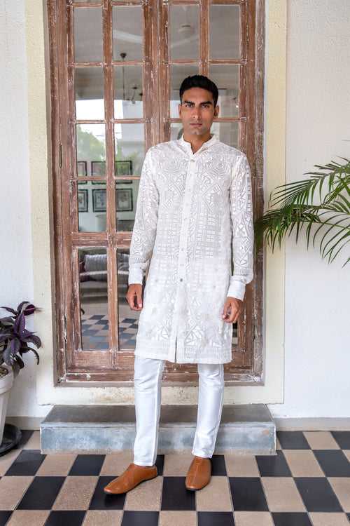White Lucknowi Shirt Kurta Set
