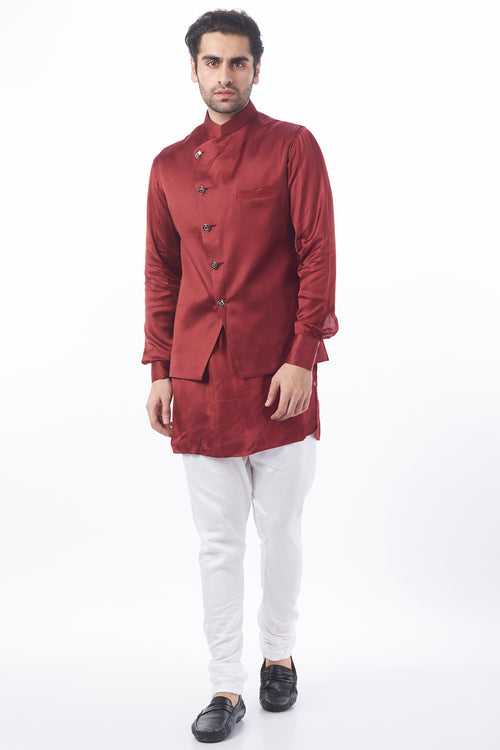 Maroon Asymmetrical Bundi Jacket with Kurta Set