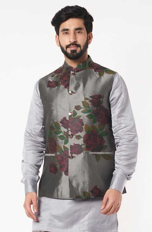 Grey Floral Print Bundi Jacket