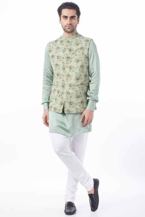 Mint Floral Print Bundi Jacket with Kurta Set