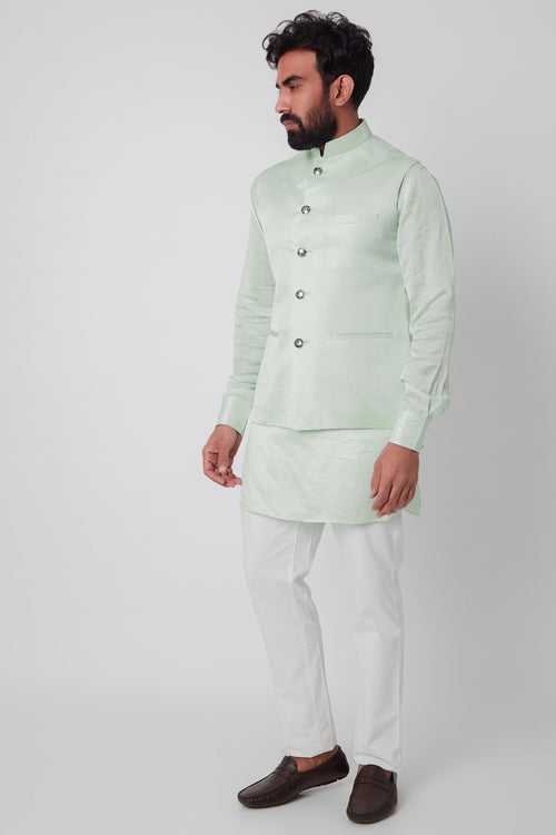 Mint Green Linen Satin Bundi Jacket With Kurta Set