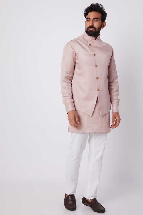 Blush Pink Linen Satin Bundi Jacket With Kurta Set