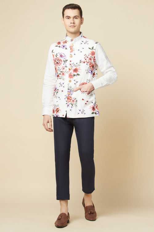 Floral Print Bundi Jacket Shirt Set