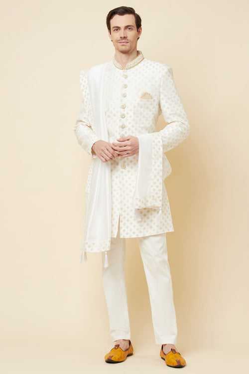 White & Gold Embroidered Polyester Cotton Sherwani Set