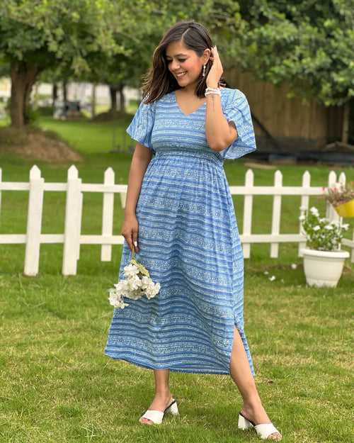 Blue Stripes Flared Sleeves Dress