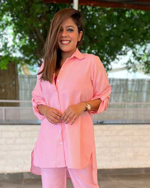 Pink Solid Aline Cotton Slub Shirt