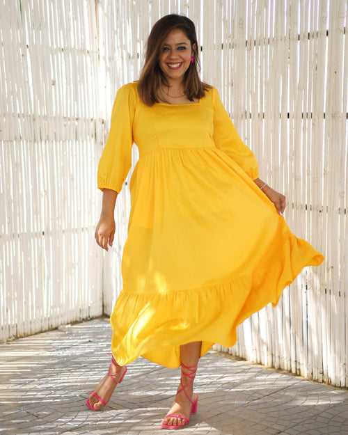 Sunshine Yellow Tiered Midi Dress