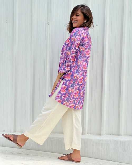 White & Purple Floral Schiffli Kurta Top