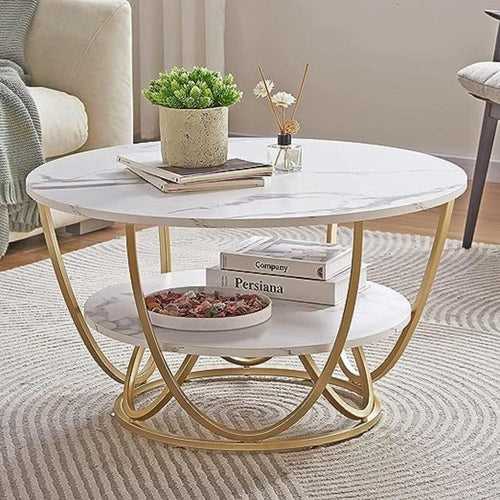Wooden Twist Round Coffee Table with Marble Top Like Finish Stylish 2-Tier Design