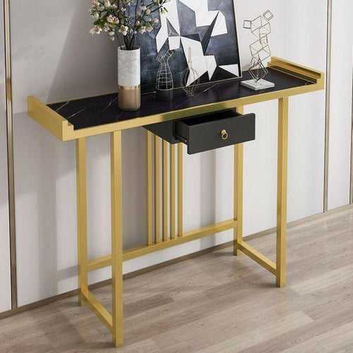 Premium Black Marble Top Console Table with Drawer - Elegant Rectangular Design