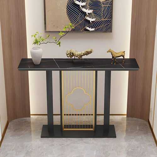 Luxurious Black Iron Rectangle Console Table with Black Marble Top