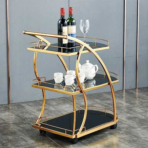 Modern Golden Trolley with Black Glass Top - 3 Tier Serving Cart