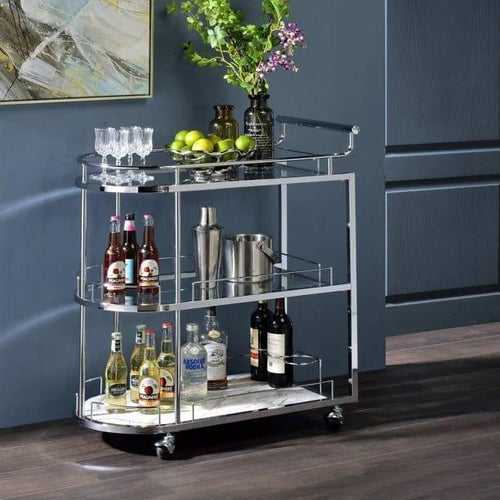 Modern Nickel Tone Stainless Steel Oval Trolley with Glass and Marble Shelves