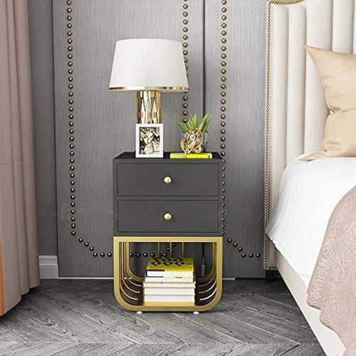 Luxurious Square Iron Side Table with Drawer, Bottom Space, and Lamp Stand