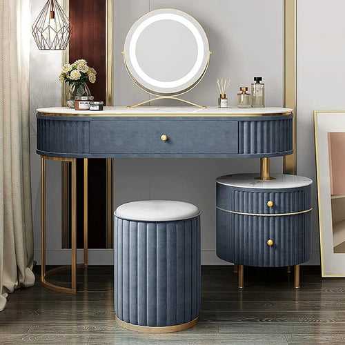 Modern Luxurious White & Golden Dressing Table Set with Oval Mirror and Chair