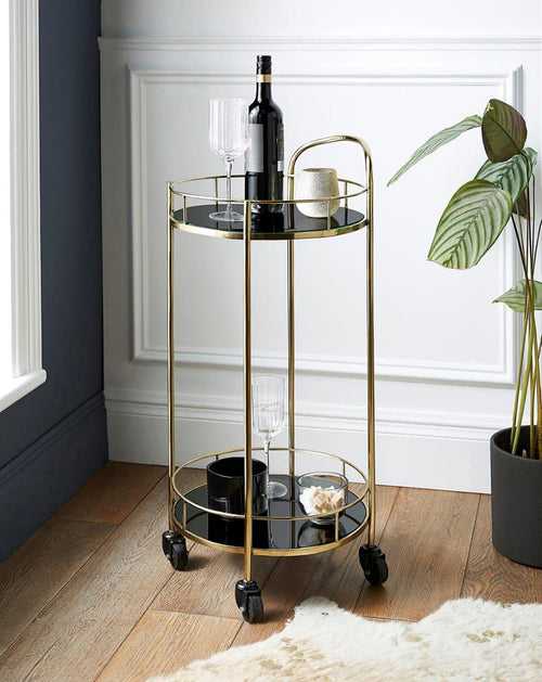 Luxurious Round Trolley with Black Glass Top - 2 Tier Serving Cart