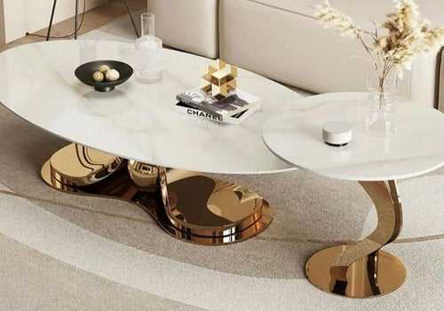 Luxurious Oval Centre Table Set of 2 with Marble Top - Golden & White