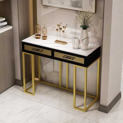 Luxurious Rectangle Iron Console Table with White Marble Top and Black Storage Box