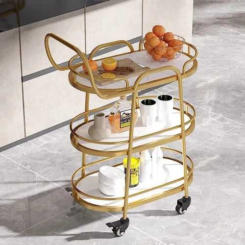 Modern Golden Oval Trolley with White Marble Top - 3 Tier Bar Cart