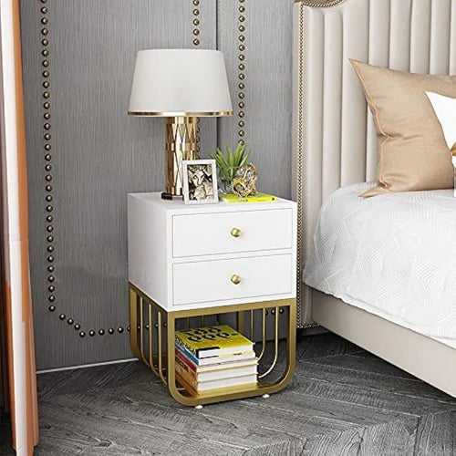 Square Side Table with Double Drawer and Bottom Space in White Colour