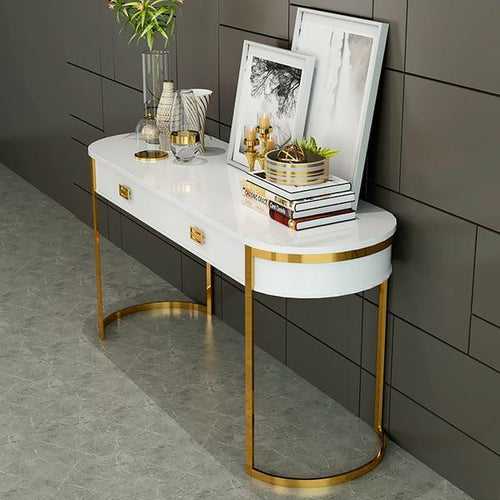 Luxurious Oval Console Table with Clear Glass Top and 2 Drawers - Modern Design (White)