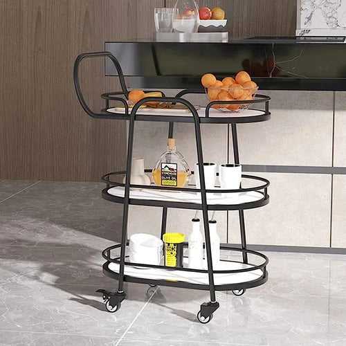 Modern Black Oval Trolley with White Marble Top - 3 Tier Bar Cart