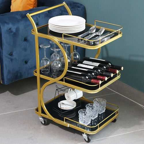 Luxurious Golden Iron 3 Tier Rectangle Trolley with Black Glass - S Shaped Design