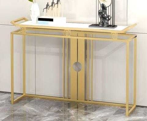 Luxurious Modern Rectangle Console Table with White Marble Top and Storage Box (White & Golden)