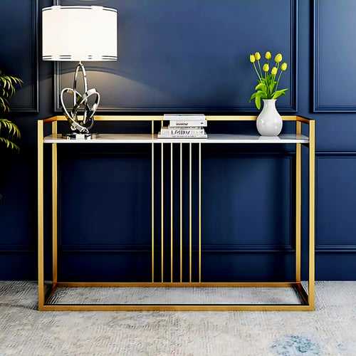 Wooden Twist Carvel Cross Modern Stylish Golden Metallic Marble Laminated Top Console Table for Contemporary Living Room